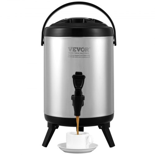 Isolerad dryckesdispenser i rostfritt stål, 1,5 gallon 6 liter, termisk dispenser för varma och kalla drycker med tapphandtag, livsmedelsklassad för varmt te, kaffe, vatten, restaurang, dryckesbutik