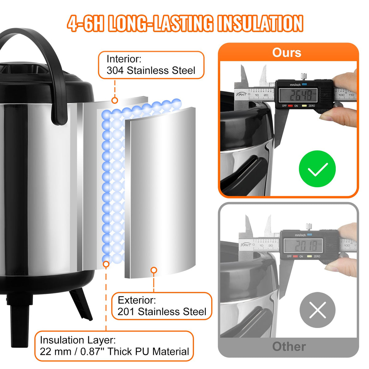 Isolerad dryckesdispenser i rostfritt stål, 1,5 gallon 6 liter, termisk dispenser för varma och kalla drycker med tapphandtag, livsmedelsklassad för varmt te, kaffe, vatten, restaurang, dryckesbutik