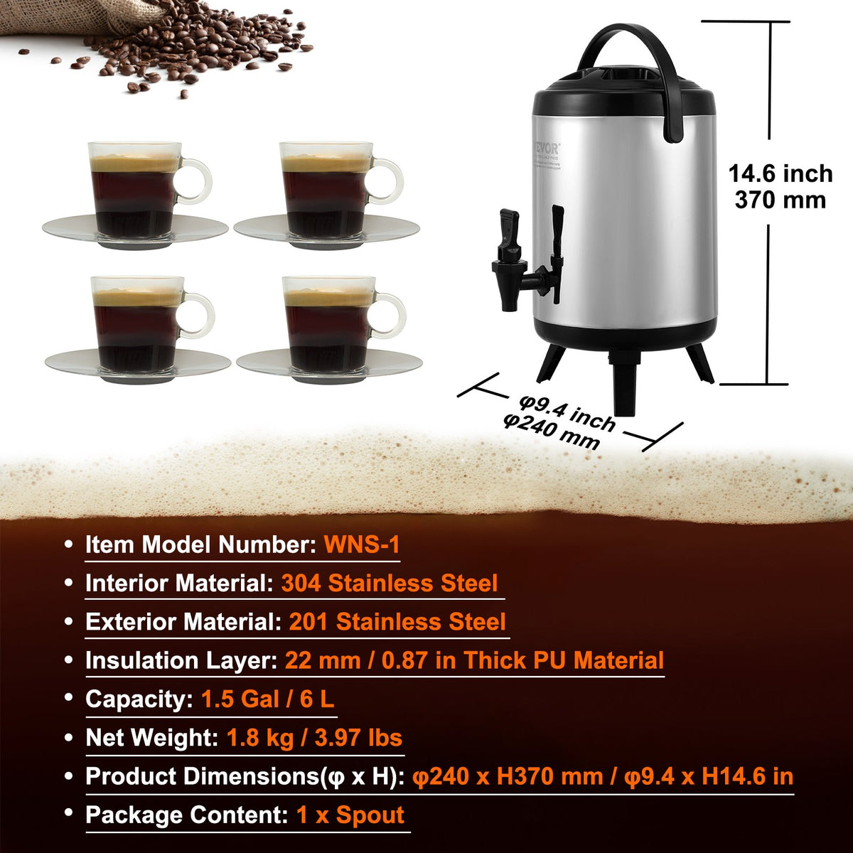 Isolerad dryckesdispenser i rostfritt stål, 1,5 gallon 6 liter, termisk dispenser för varma och kalla drycker med tapphandtag, livsmedelsklassad för varmt te, kaffe, vatten, restaurang, dryckesbutik