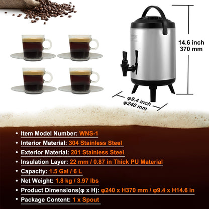 Isolerad dryckesdispenser i rostfritt stål, 1,5 gallon 6 liter, termisk dispenser för varma och kalla drycker med tapphandtag, livsmedelsklassad för varmt te, kaffe, vatten, restaurang, dryckesbutik