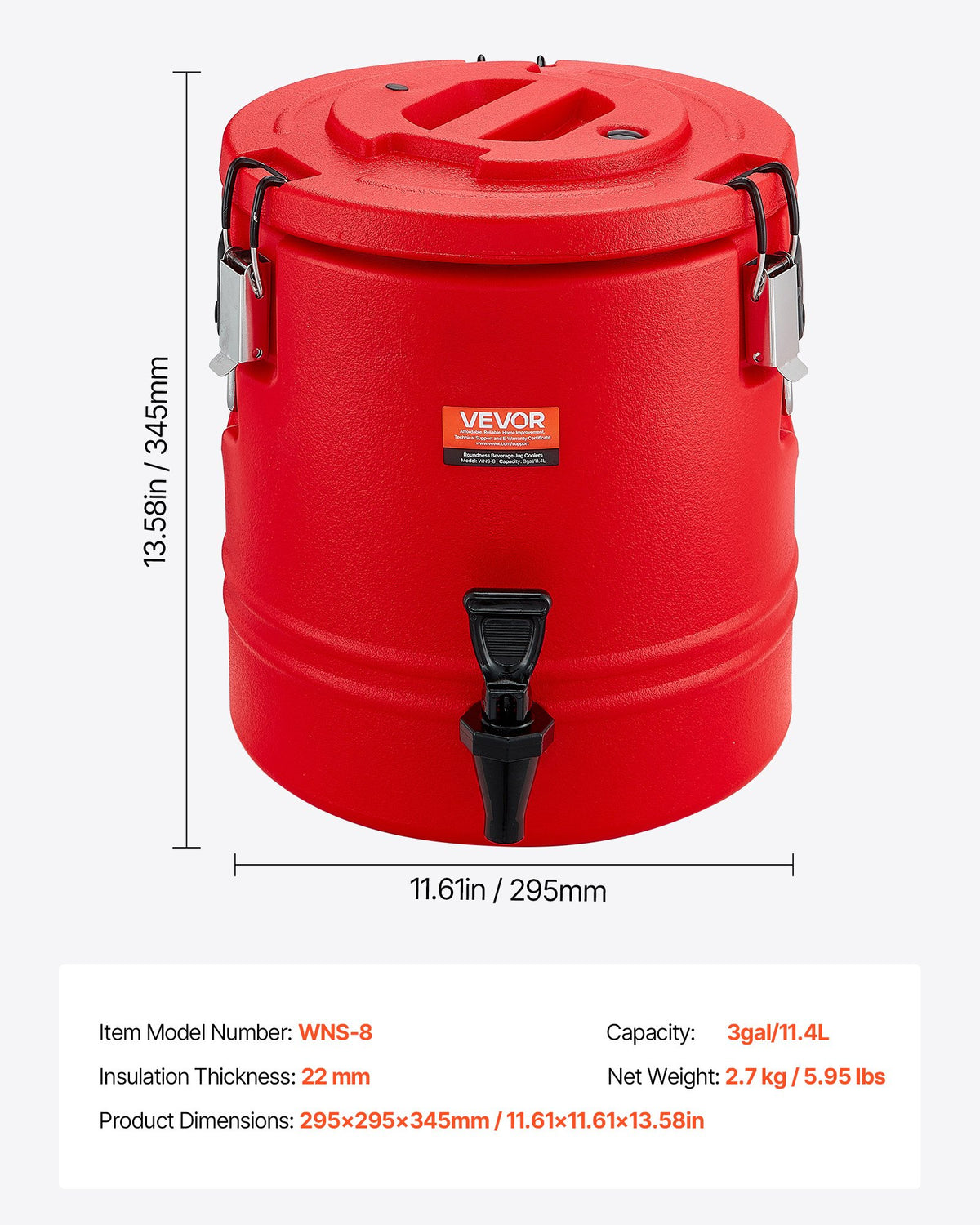 Isolerad dryckesdispenser, 3 gal/11,4 l termisk serveringsbehållare för varma och kalla drycker med kran, livsmedelsklassad kylkanna med insida i 304 rostfritt stål, för te, kaffe, restaurang, utomhusbruk