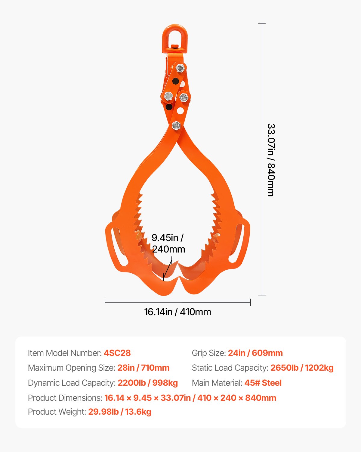 28-tums timmerlyfttång, timmertång med 4 klor, kraftig stålgrip, lyftkapacitet 2650 kg, svängbar timmergripare, Eagle Claw-design, timmersläptång för lastbilar, traktorer, gaffeltruckar