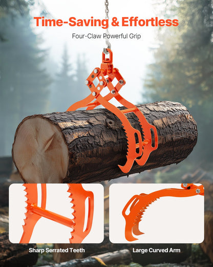 91 cm timmerlyfttång, timmertång med 4 klor, kraftig stålgrip, lyftkapacitet 1650 kg, svängbar timmergripare, Eagle Claw-design, timmersläptång för lastbilar, traktorer, gaffeltruckar