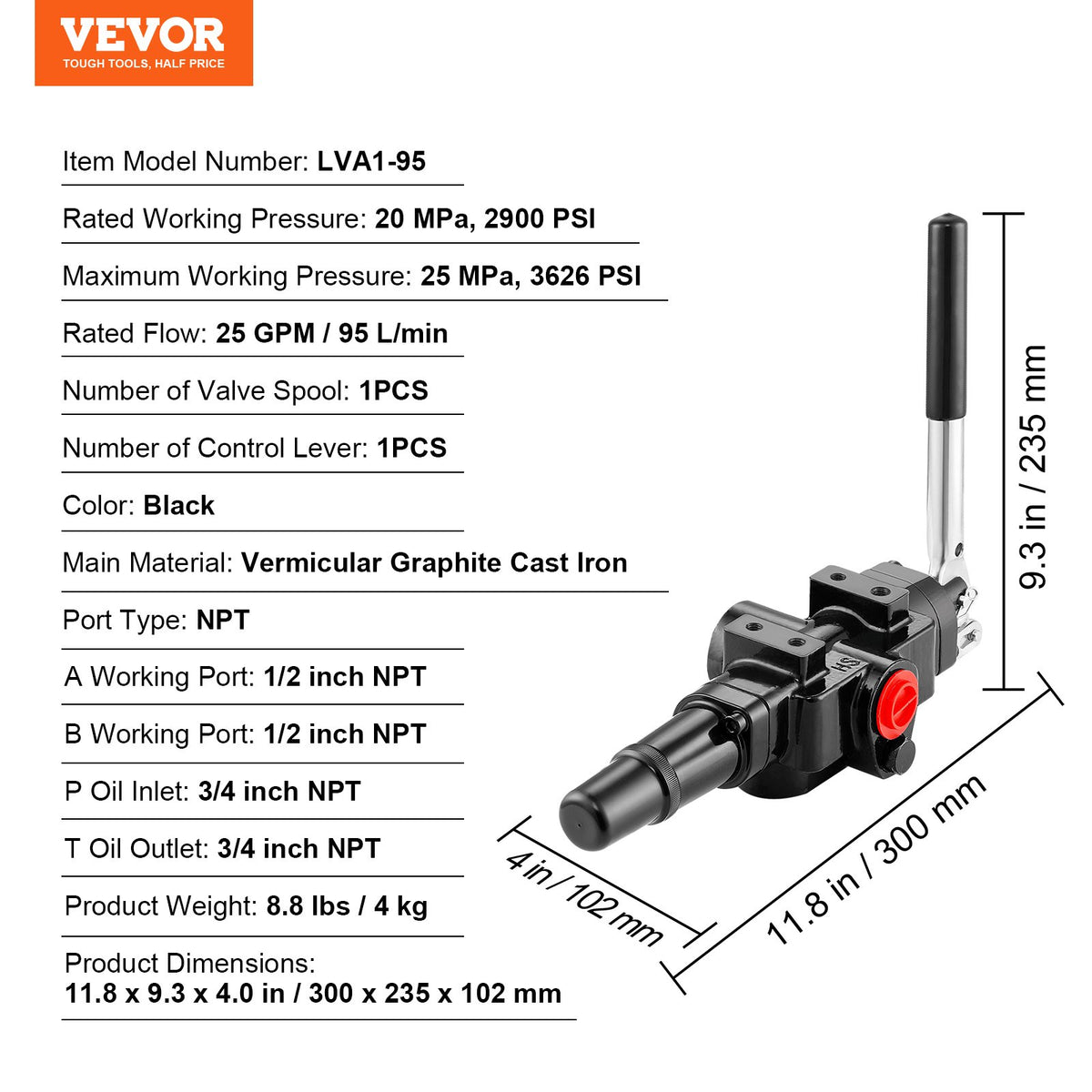 Hydraulisk vedklyvventil 1 spole, 25 GPM hydraulisk riktningsventil, 3626 PSI hydraulisk lastventil, hydraulisk joystickventil för små traktorer, lastare, vedklyv