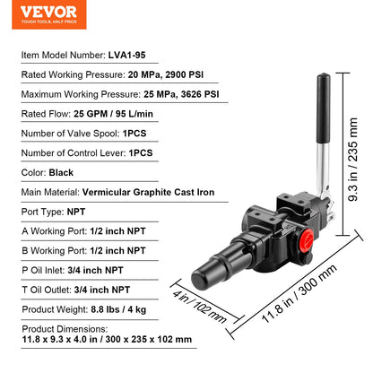 Hydraulisk vedklyvventil 1 spole, 25 GPM hydraulisk riktningsventil, 3626 PSI hydraulisk lastventil, hydraulisk joystickventil för små traktorer, lastare, vedklyv
