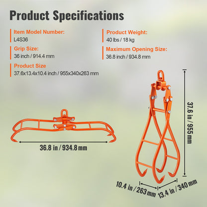 Timmerklokrok, 36 tums 4-klos stockgrip för timmertänger, svängbar stålstockningstänger, Eagle Claws-design med 3307 lbs/1500 kg lastkapacitet för traktorer, fyrhjulingar, lastbilar, gaffeltruckar