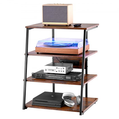 4-Tier AV Media Stand with Power Strips, Corner TV Stand with LED Lights, Height Adjustable Wooden Shelves for DVD Players/Cable Boxes/Games Consoles, Brown