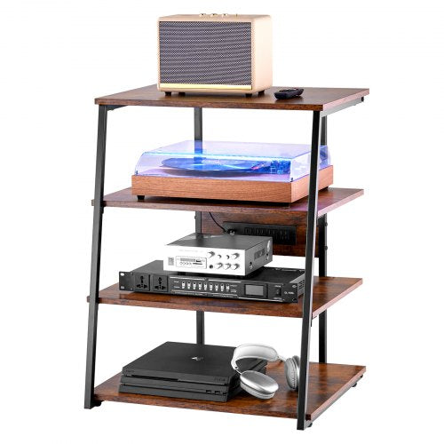 4-vånings AV-mediastativ med grenuttag, hörn-TV-stativ med LED-lampor, höjdjusterbara trähyllor för DVD-spelare/kabelboxar/spelkonsoler, brun