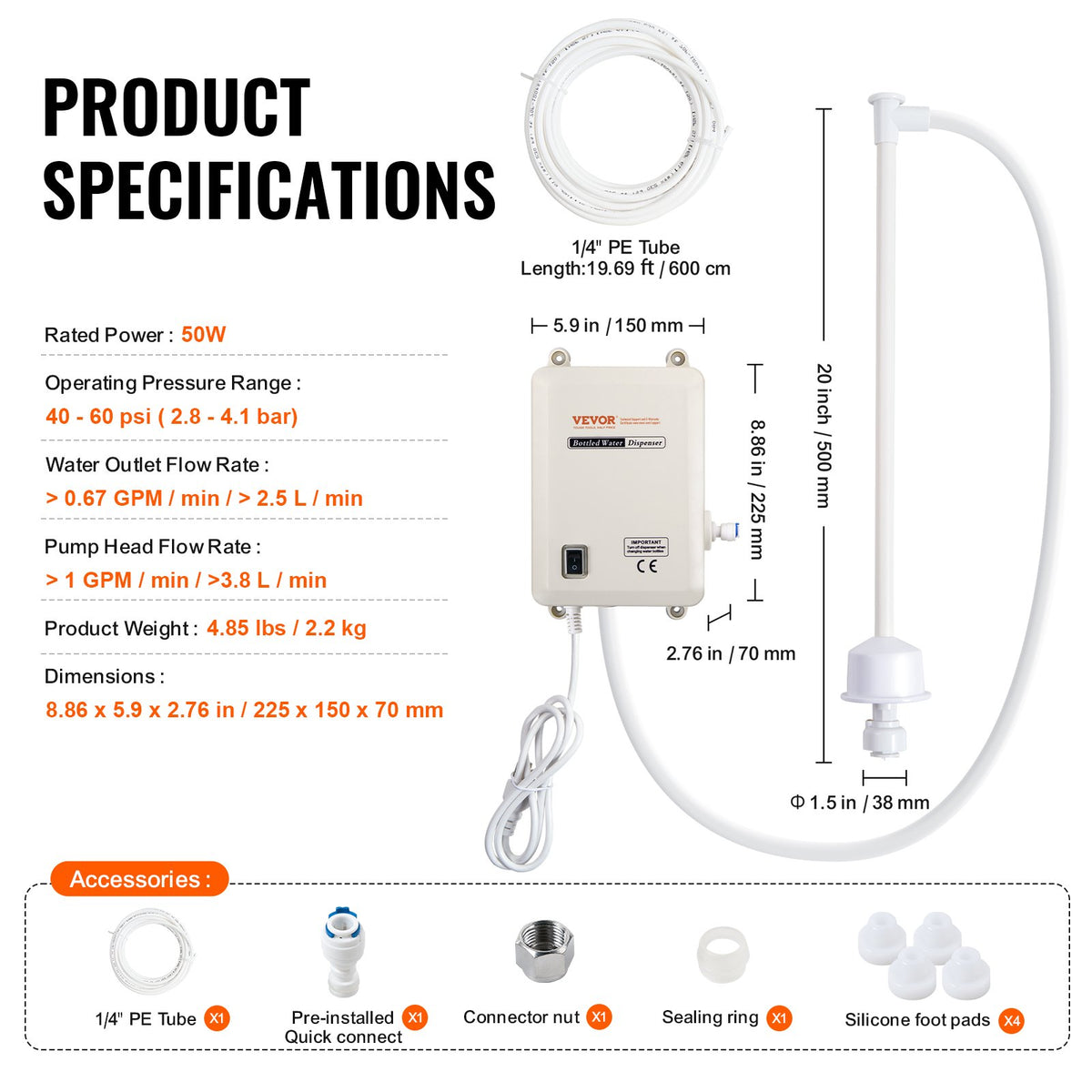 Vattenflaskpumpsystem 3,8 l/min 40 psi vattendispenserpump med 609,6 cm PE-rör