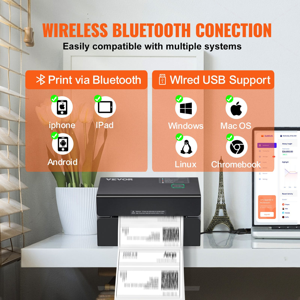 Termisk etikettskrivare, 300 DPI för 4x6-postpaket, Bluetooth och automatisk etikettigenkänning, stöd för Windows/MacOS/Linux/Chromebook/Android/IOS, kompatibel med Amazon, eBay, Etsy etc., svart