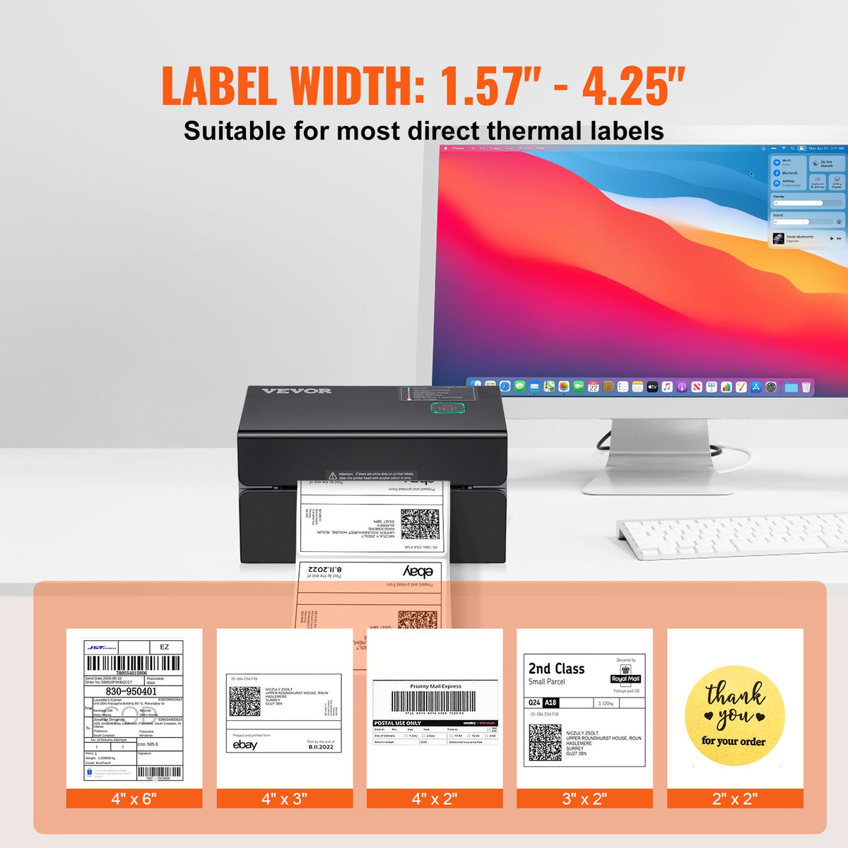 Termisk etikettskrivare, 300 DPI för 4x6-postpaket, Bluetooth och automatisk etikettigenkänning, stöd för Windows/MacOS/Linux/Chromebook/Android/IOS, kompatibel med Amazon, eBay, Etsy etc., svart