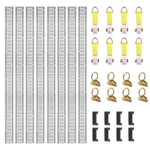 E Track Tie-Down Rail Kit, 34PCS 5FT E-Tracks Set Includes 8 Steel Rails & 2 Single Slot & 8 O Rings & 8 Tie-Offs w/ D-Ring & 8 End Caps, Securing Accessories for Cargo, Motorcycles, and Bikes