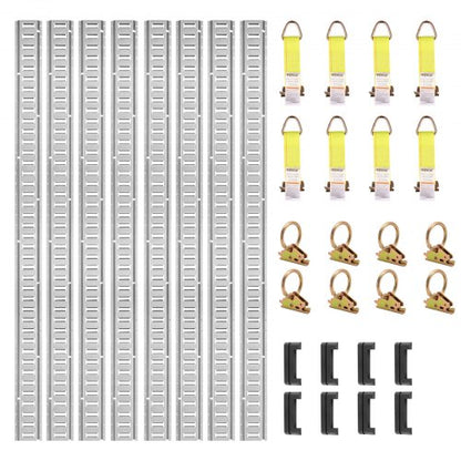E Track Tie-Down Rail Kit, 34PCS 5FT E-Tracks Set Includes 8 Steel Rails & 2 Single Slot & 8 O Rings & 8 Tie-Offs w/ D-Ring & 8 End Caps, Securing Accessories for Cargo, Motorcycles, and Bikes
