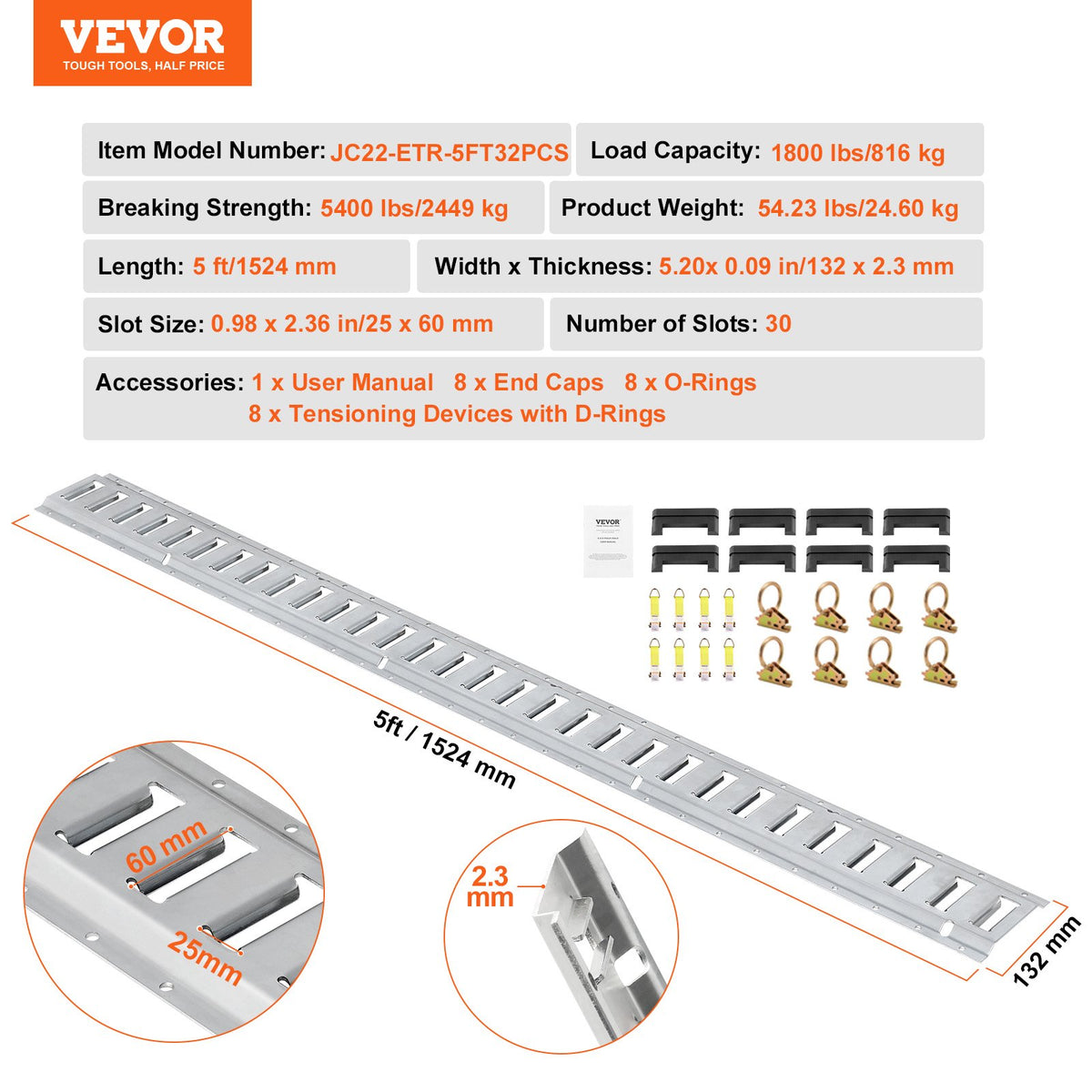 E Track Tie-Down Rail Kit, 34PCS 5FT E-Tracks Set Includes 8 Steel Rails & 2 Single Slot & 8 O Rings & 8 Tie-Offs w/ D-Ring & 8 End Caps, Securing Accessories for Cargo, Motorcycles, and Bikes
