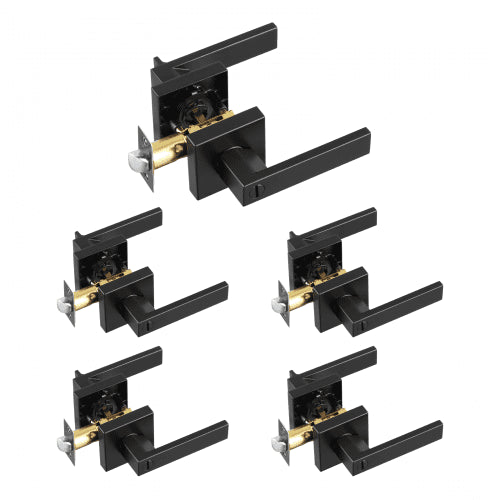 Dörrhandtag med sekretessfunktion, 5-pack mattsvart dörrhandtag, höger- eller vänsterhänt vändbart handtag med nyckellöst lås, 45° rotation för öppning, universal fyrkantig insida för badrums- och sovrumsdörrar
