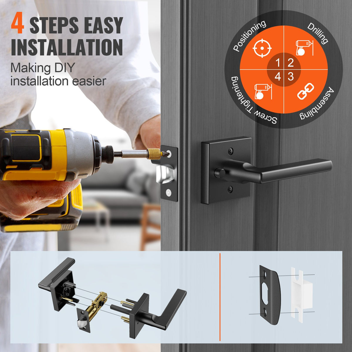 Dörrhandtag med sekretessfunktion, 5-pack mattsvart dörrhandtag, höger- eller vänsterhänt vändbart handtag med nyckellöst lås, 45° rotation för öppning, universal fyrkantig insida för badrums- och sovrumsdörrar
