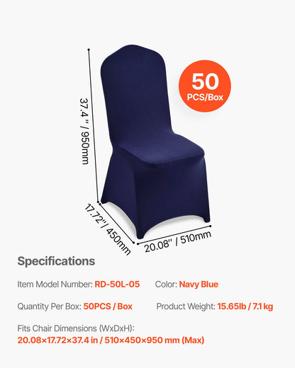 50 st. marinblå stolsöverdrag, polyester-spandex stolsöverdrag, stretchöverdrag för bröllopsfest, middag, bankett, platt front, passar stolsmått upp till 20,08 x 17,72 x 37,4 tum