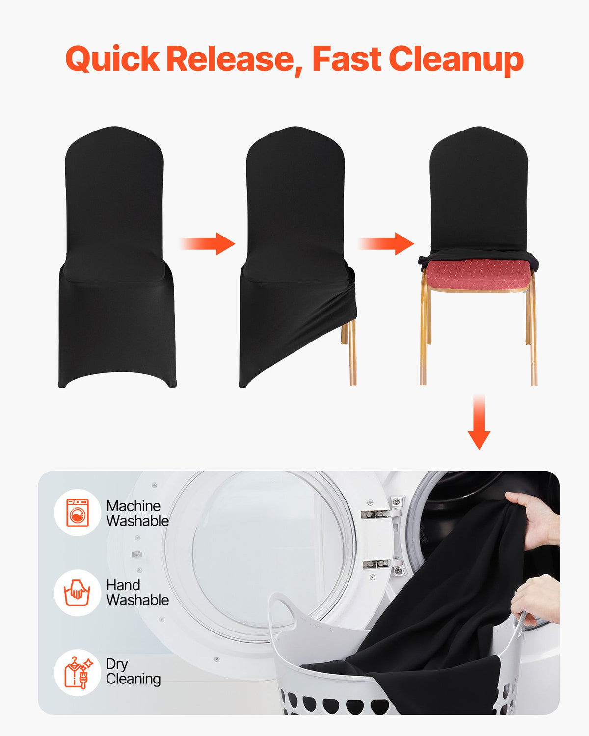 150 st svarta stolsöverdrag, polyester-spandex stolsöverdrag, stretchöverdrag för bröllopsfest, middag, bankett, platt front, passar stolsmått upp till 20,08 x 17,72 x 37,4 tum