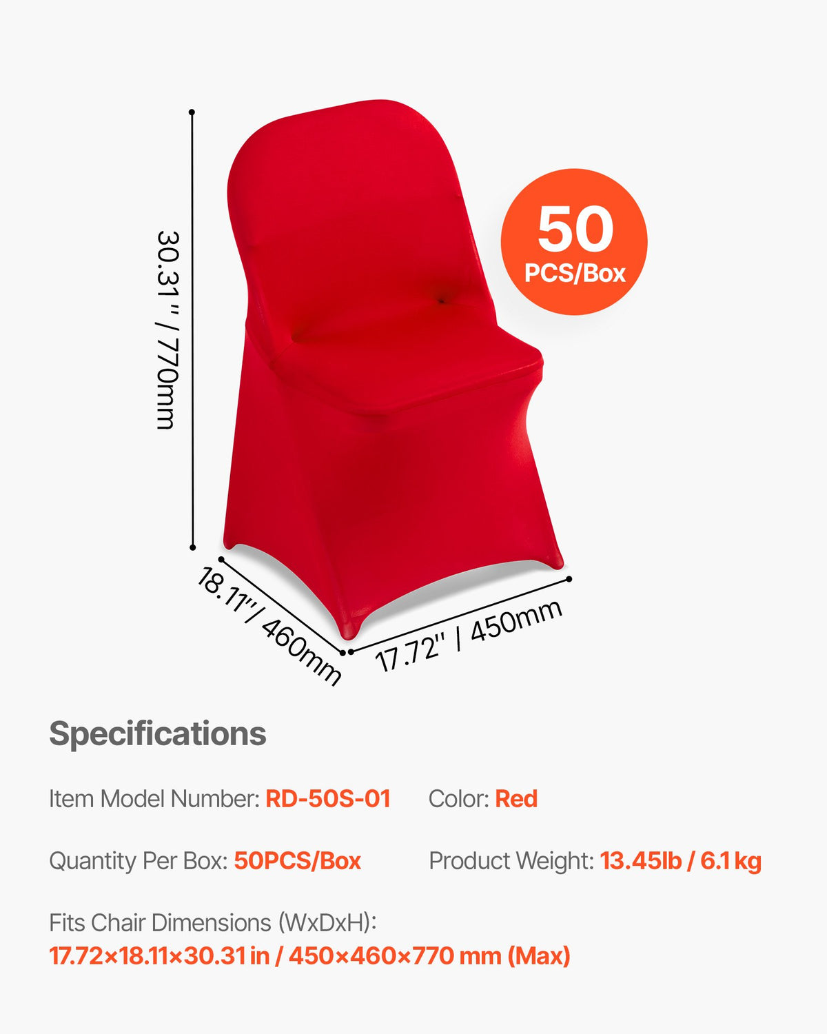 50 st röda stolsöverdrag, polyesterspandex stolsöverdrag, stretchöverdrag för bröllopsfest, middag, bankett, platt front, passar stolsmått upp till 17,72 x 18,11 x 30,31 tum