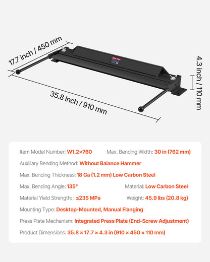 Box and Pan Brake, 762 mm/30 inch Sheet Metal Bending Brake, 18-Gauge Capacity, 0-135 Degree Adjustable, Metal Bender Machine, No Wobbling, Heavy-Duty Aluminum Folder for Precise Batch Bending