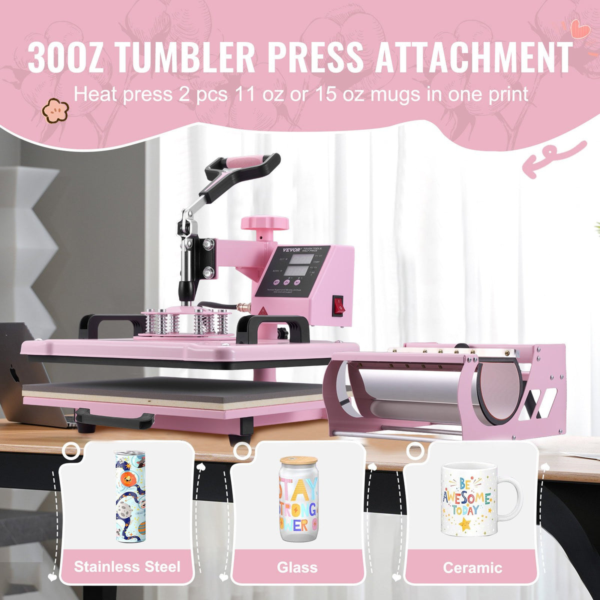 Värmepress 30,5x38,1 cm 5 i 1 med 850,5 g tumlarpress T-shirts rosa