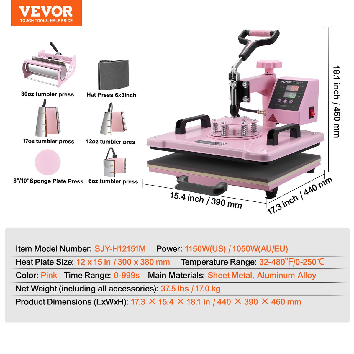 Värmepress 30,5x38,1 cm 8 i 1 med 850,5 g tumlarpress T-shirts rosa