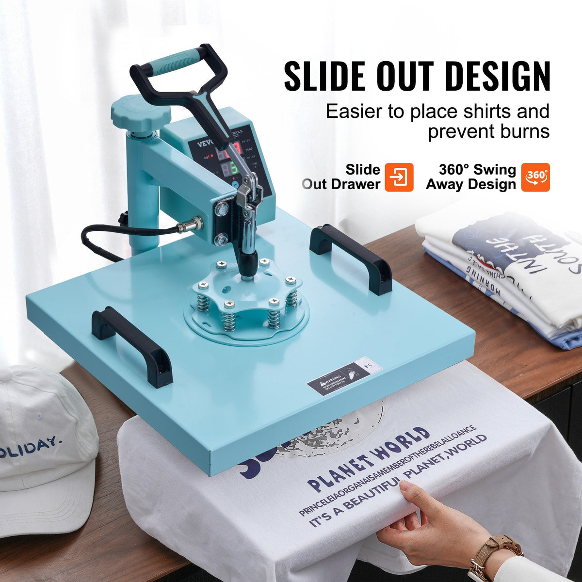 Värmepressmaskin, 15 x 15 tum, 5-i-1 värmeöverföringsmaskin med 940 ml tumlarpress, 360° svängbar T-shirtpressning, digital precisionskontroll, för T-shirts/muggar/hattar/tallrikar, grön