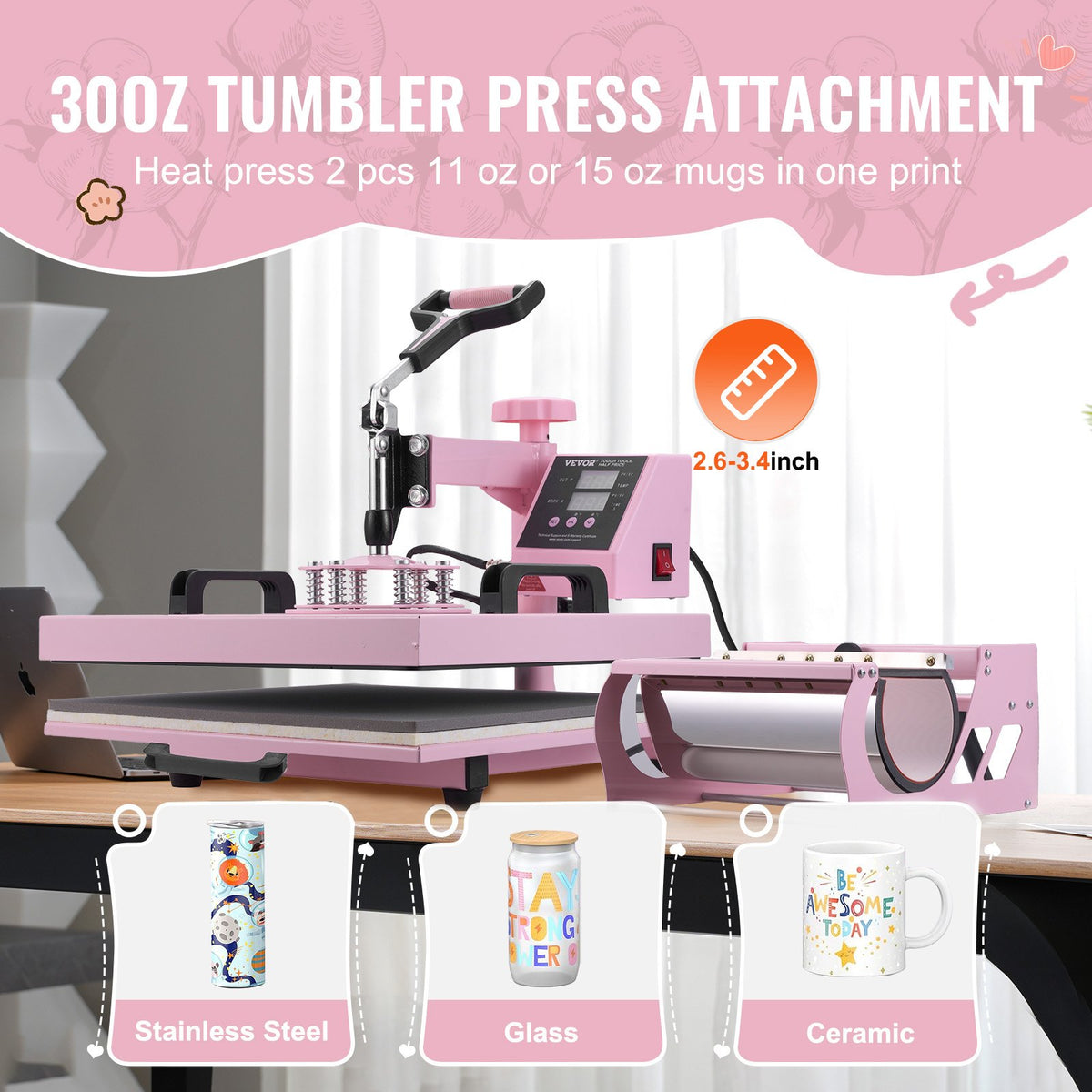 Värmepress 38x38 cm 8 i 1 med 850,5 g tumlarpress T-shirts rosa