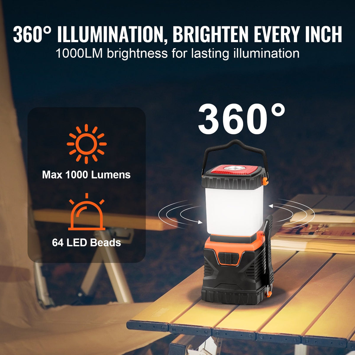 LED-campinglykta, allt-i-ett, 1000 LM, 360° belysning, 4 ljuslägen, batteridriven lampa, robust utomhuslampa, hållbar, perfekt för vandring, fiske, avbrott, reparationer