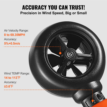 Handhållen anemometer, 14℉-113℉, digital vindhastighetsmätare med LED-bakgrundsbelyst skärm, mäter vindhastighet, vindtemperatur, luftflöde, vindkylning, för segling, surfing, drönare, flygning, HVAC
