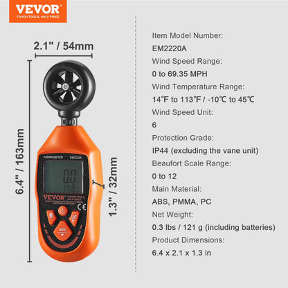 Handhållen anemometer, 14℉-113℉, digital vindhastighetsmätare med LED-bakgrundsbelyst skärm, mäter vindhastighet, vindtemperatur, luftflöde, vindkylning, för segling, surfing, drönare, flygning, HVAC