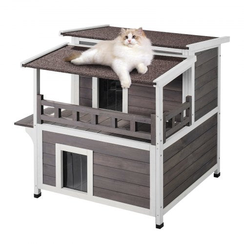 Väderbeständigt katthus för utomhusbruk, skydd för förvildade katter, stort utomhuskatthus i trä med två våningar, balkong, dörrar, PVC-dörrflikar och öppet tak, 76 cm L x 76 cm B x 81 cm H