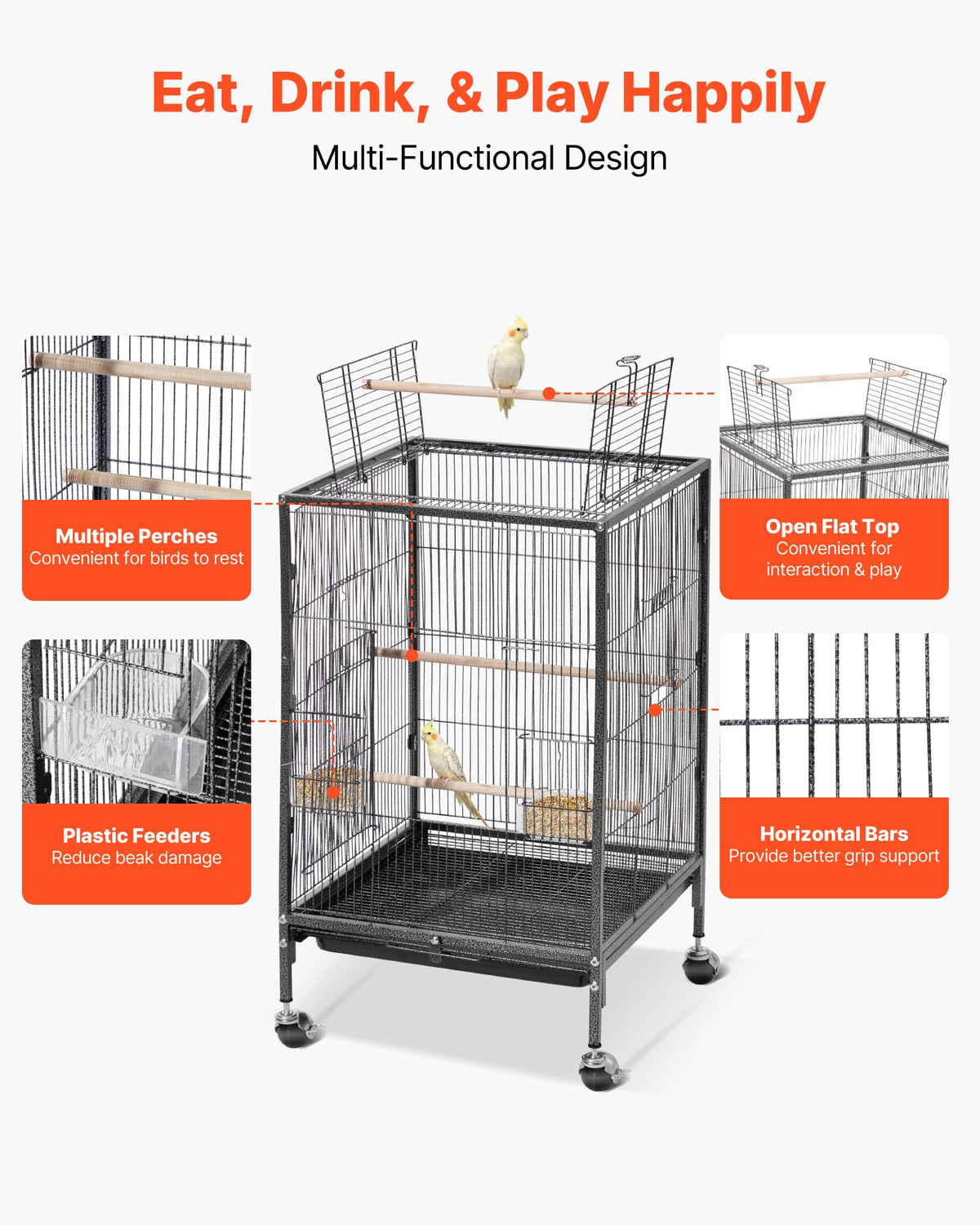 Bird Cage, 460 x 460 x 770 mm, Open Flat Top, Wrought Iron Bird Flight Cage with Perches, Slide-Out Tray and Plastic Feeders, Casters, for Parrot, Blue Tit, Cockatiel, Canary, Budgerigar, Conure