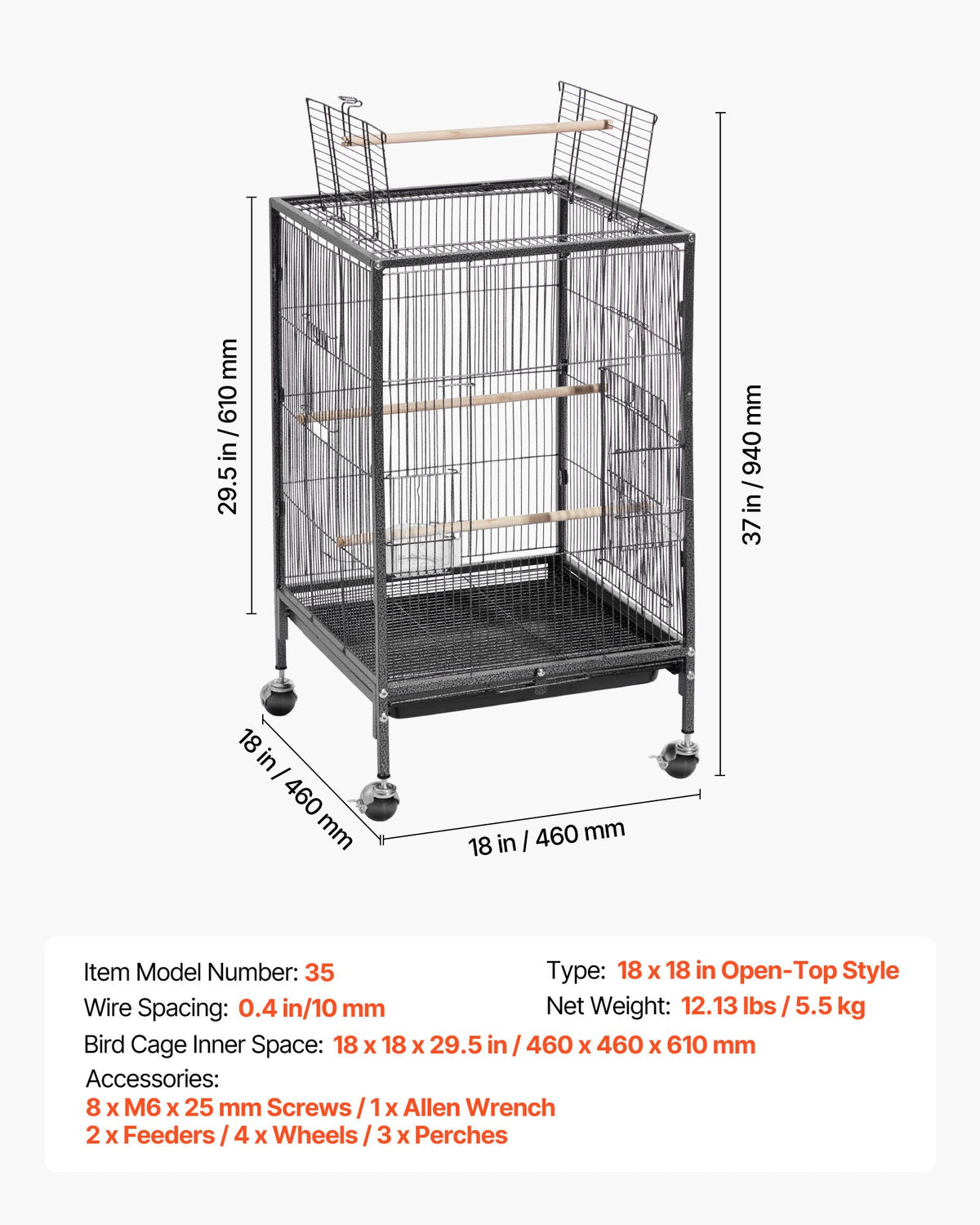 Bird Cage, 460 x 460 x 770 mm, Open Flat Top, Wrought Iron Bird Flight Cage with Perches, Slide-Out Tray and Plastic Feeders, Casters, for Parrot, Blue Tit, Cockatiel, Canary, Budgerigar, Conure