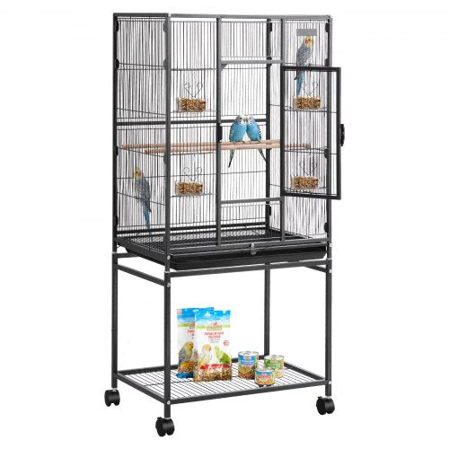 Bird Cage, 625 x 425 x 1370 mm, Flat Top, Wrought Iron Bird Flight Cage with Perches, Slide-Out Tray and Plastic Feeders, Casters, for Parrot, Blue Tit, Cockatiel, Canary, Budgerigar, Conure
