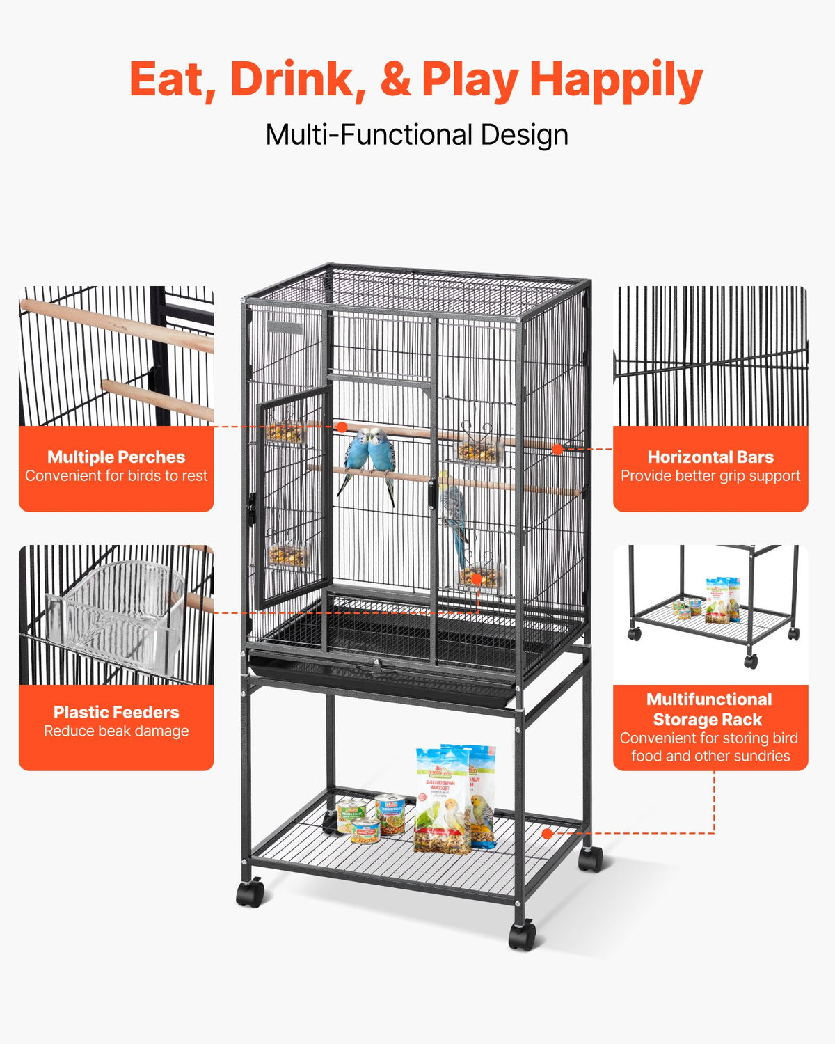 Bird Cage, 625 x 425 x 1370 mm, Flat Top, Wrought Iron Bird Flight Cage with Perches, Slide-Out Tray and Plastic Feeders, Casters, for Parrot, Blue Tit, Cockatiel, Canary, Budgerigar, Conure