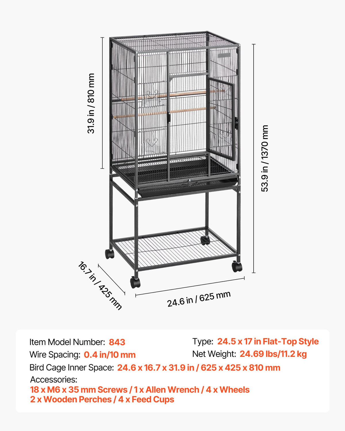 Bird Cage, 625 x 425 x 1370 mm, Flat Top, Wrought Iron Bird Flight Cage with Perches, Slide-Out Tray and Plastic Feeders, Casters, for Parrot, Blue Tit, Cockatiel, Canary, Budgerigar, Conure