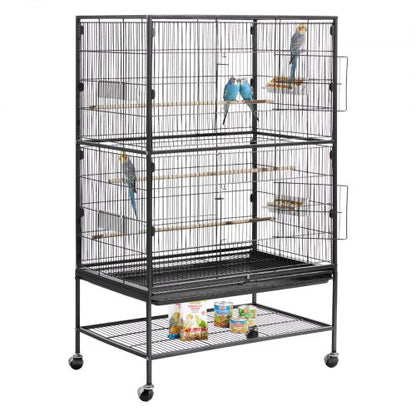 Bird Cage, 800 x 520 x 1320mm, Flat Top, Wrought Iron Bird Flight Cage with Perches, Slide-Out Tray and Plastic Feeders, Casters, for Parrot, Blue Tit, Cockatiel, Canary, and Monk Parakeet