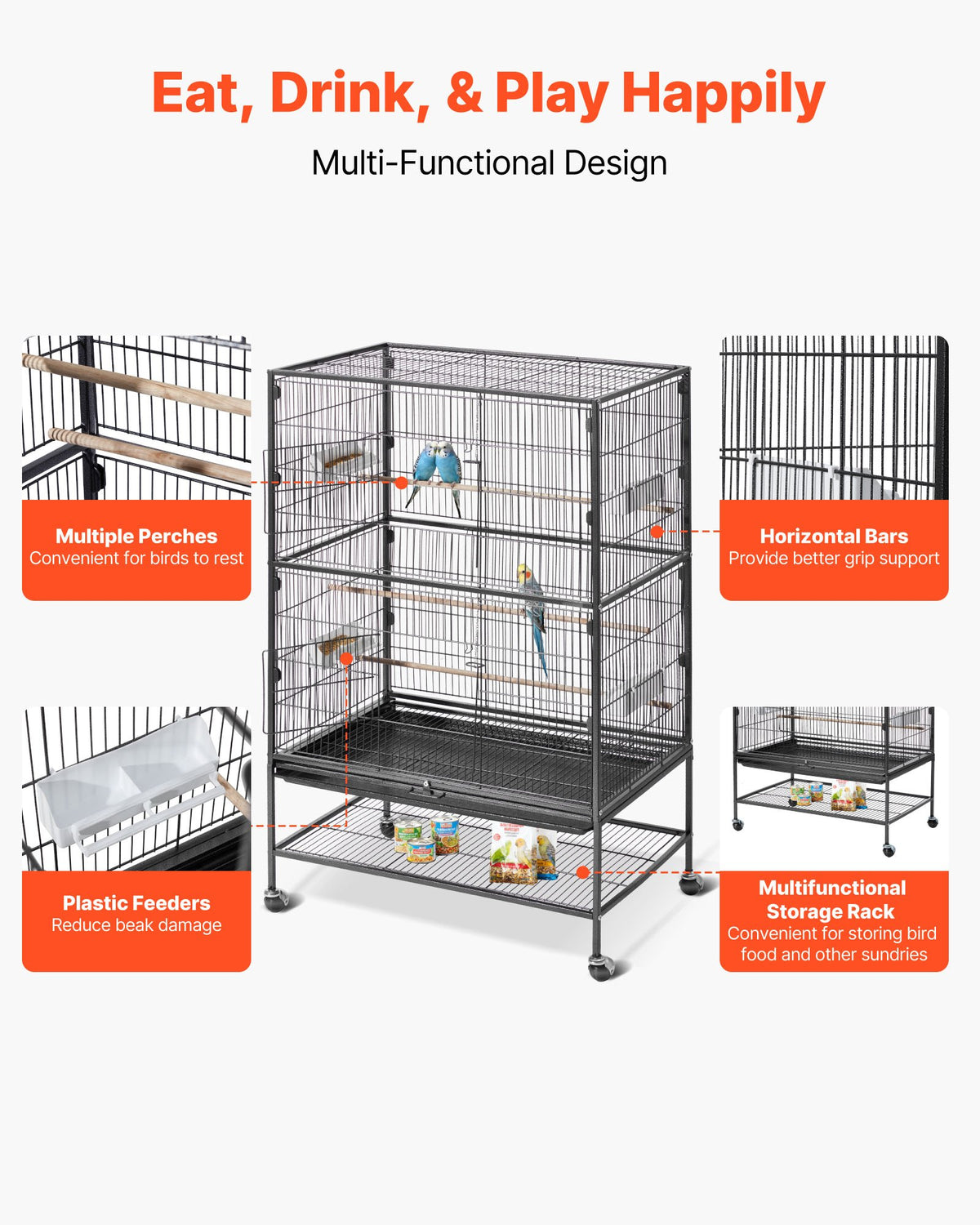 Bird Cage, 800 x 520 x 1320mm, Flat Top, Wrought Iron Bird Flight Cage with Perches, Slide-Out Tray and Plastic Feeders, Casters, for Parrot, Blue Tit, Cockatiel, Canary, and Monk Parakeet