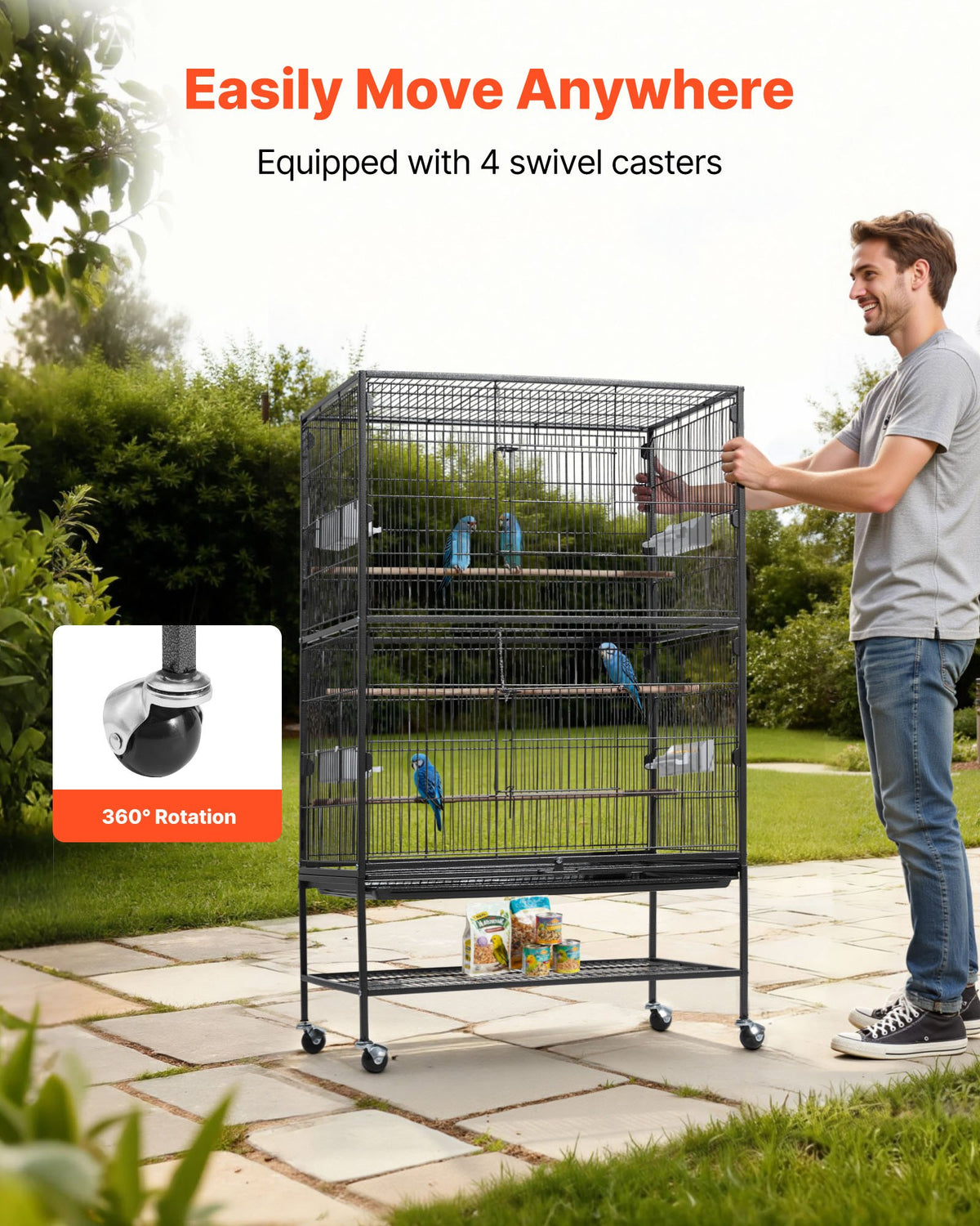 Bird Cage, 800 x 520 x 1320mm, Flat Top, Wrought Iron Bird Flight Cage with Perches, Slide-Out Tray and Plastic Feeders, Casters, for Parrot, Blue Tit, Cockatiel, Canary, and Monk Parakeet