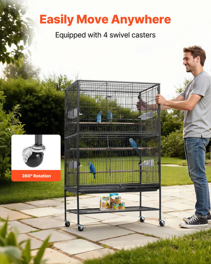 Bird Cage, 800 x 520 x 1320mm, Flat Top, Wrought Iron Bird Flight Cage with Perches, Slide-Out Tray and Plastic Feeders, Casters, for Parrot, Blue Tit, Cockatiel, Canary, and Monk Parakeet