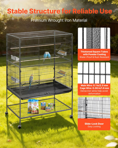 Bird Cage, 930 x 580 x 1510 mm, Flat Top, Wrought Iron Bird Flight Cage with Perches, Slide-Out Tray and Plastic Feeders, for Blue Tit, Cockatiel, Canary, Monk Parakeet, African Grey Parrot