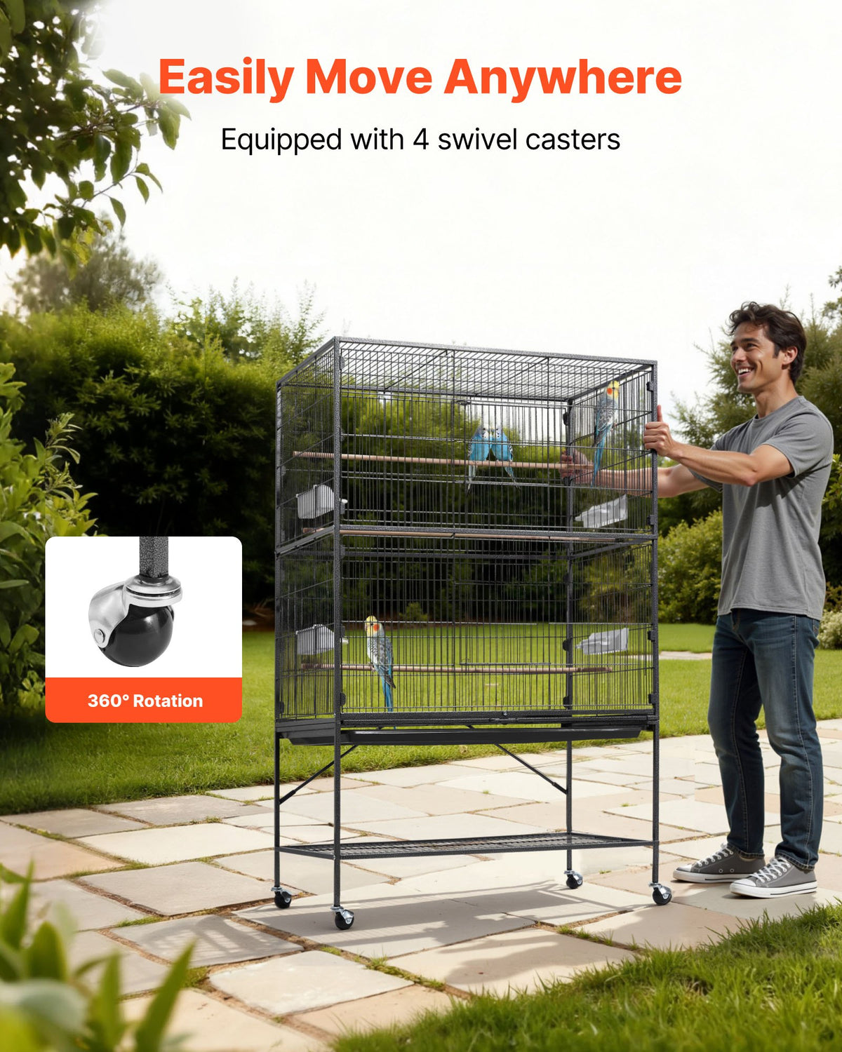 Bird Cage, 930 x 580 x 1510 mm, Flat Top, Wrought Iron Bird Flight Cage with Perches, Slide-Out Tray and Plastic Feeders, for Blue Tit, Cockatiel, Canary, Monk Parakeet, African Grey Parrot