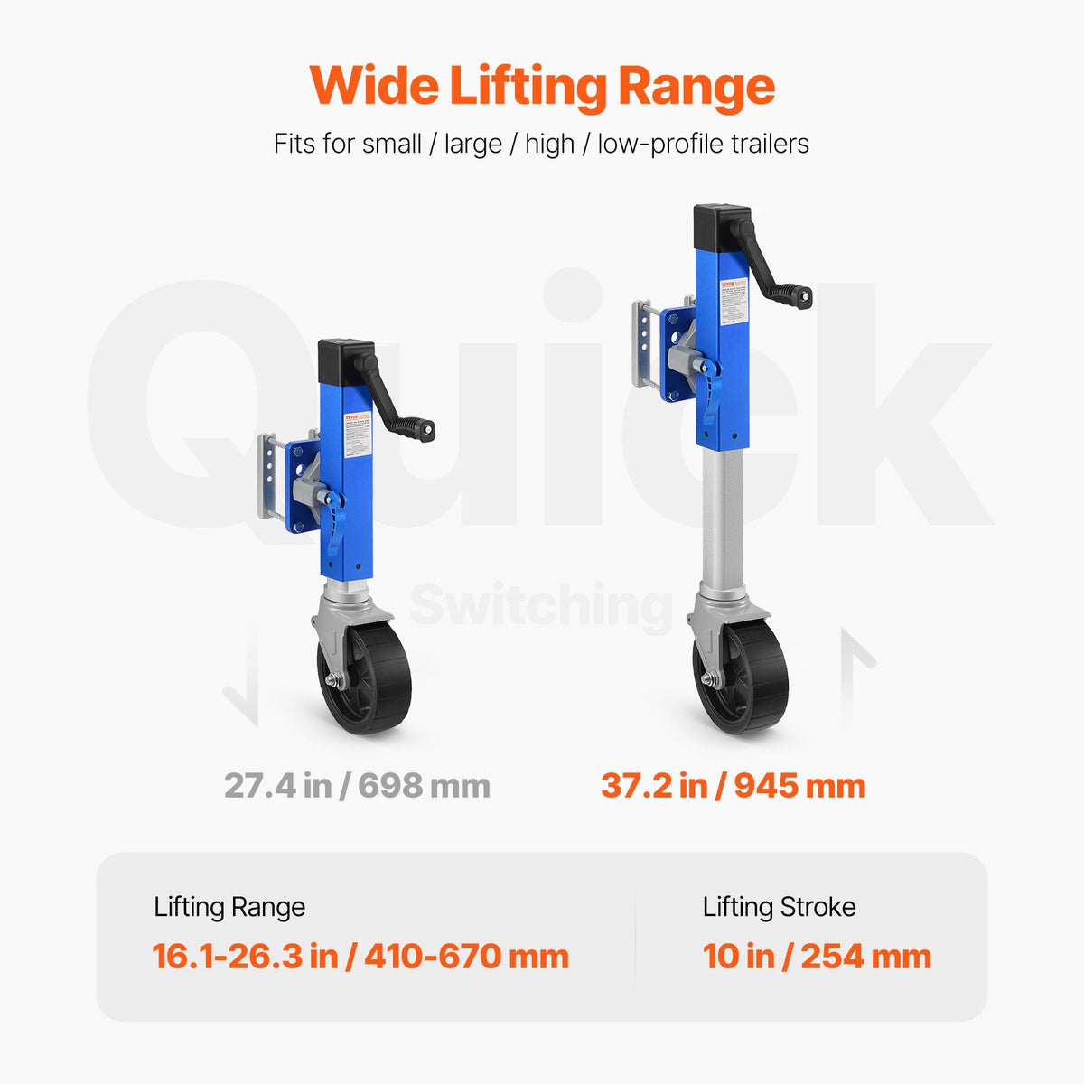 Domkraft med hjul, 1600 lbs kraftig svängbar båttrailerdomkraft PP enkelhjul, 10" lyft, bultad domkraft med ergonomiskt handtag för husbil, båt, hästtrailer, allmänt släpvagn