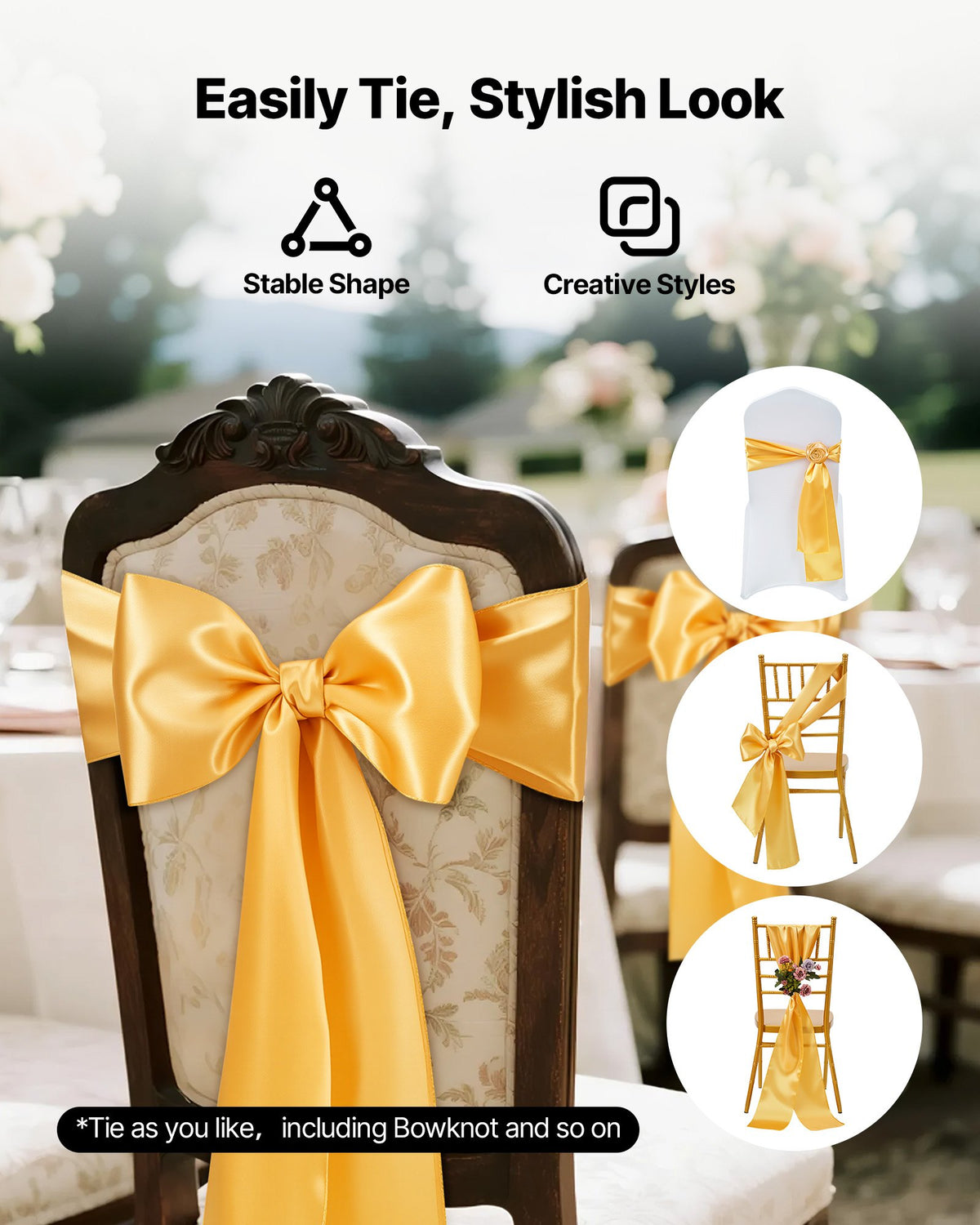Satinstolsbågar med rosetter, 50 st. stolsband med band, 7 x 108 tum, guldfärgad bröllopsdekoration, för bröllopsceremoni, babyshower, fest, evenemang, bankett, stolsöverdrag