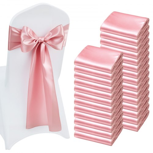 Satinstolsbågar med rosetter, 100 st stolsband med band, 7 x 108 tum, roséguld bröllopsdekoration, för bröllopsceremoni babyshowerfest evenemang bankett stolsöverdrag dekoration
