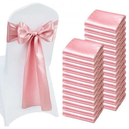 Satinstolsbågar med rosetter, 100 st stolsband med band, 7 x 108 tum, roséguld bröllopsdekoration, för bröllopsceremoni babyshowerfest evenemang bankett stolsöverdrag dekoration