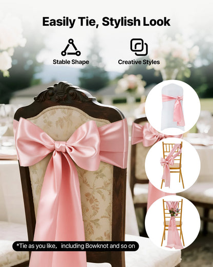 Satinstolsbågar med rosetter, 100 st stolsband med band, 7 x 108 tum, roséguld bröllopsdekoration, för bröllopsceremoni babyshowerfest evenemang bankett stolsöverdrag dekoration
