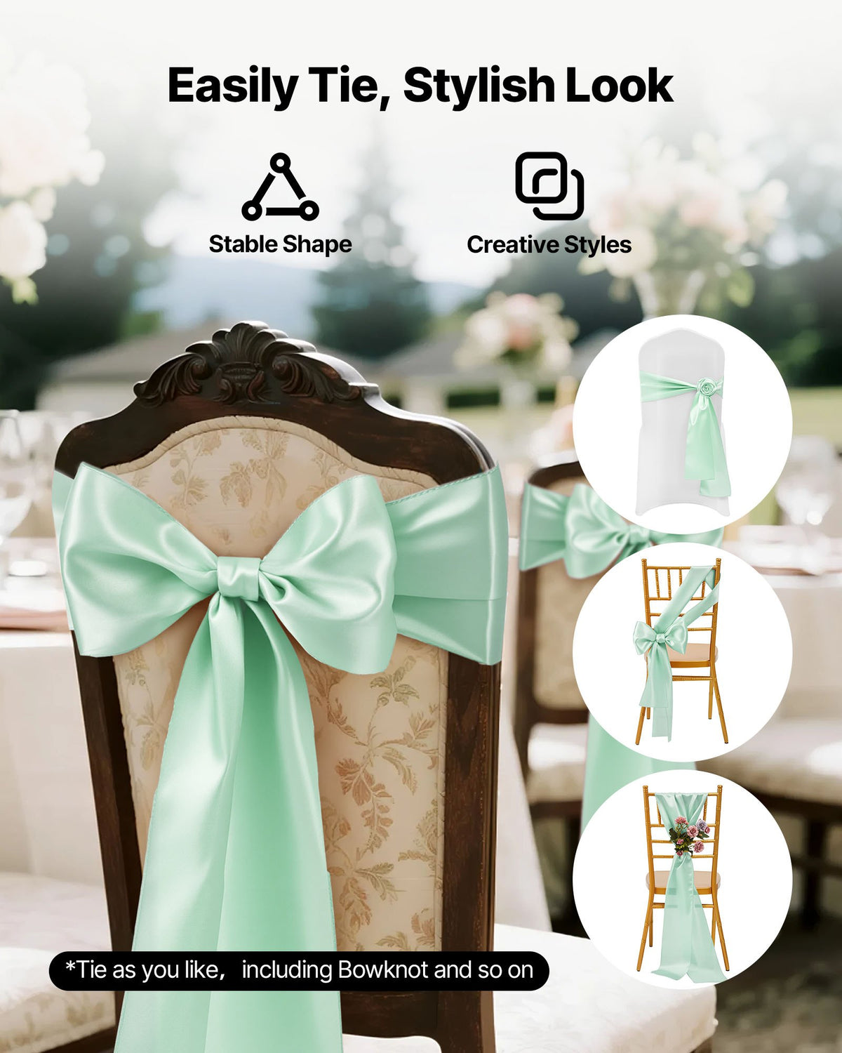 Satinstolsbågar med rosetter, 100 st stolsband med band, 7 x 108 tum, ljusgrön bröllopsdekoration, för bröllopsceremoni, babyshower, fest, evenemang, bankett, stolsöverdrag
