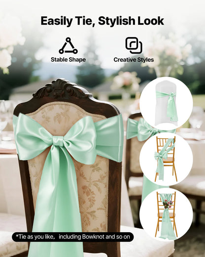Satinstolsbågar med rosetter, 100 st stolsband med band, 7 x 108 tum, ljusgrön bröllopsdekoration, för bröllopsceremoni, babyshower, fest, evenemang, bankett, stolsöverdrag